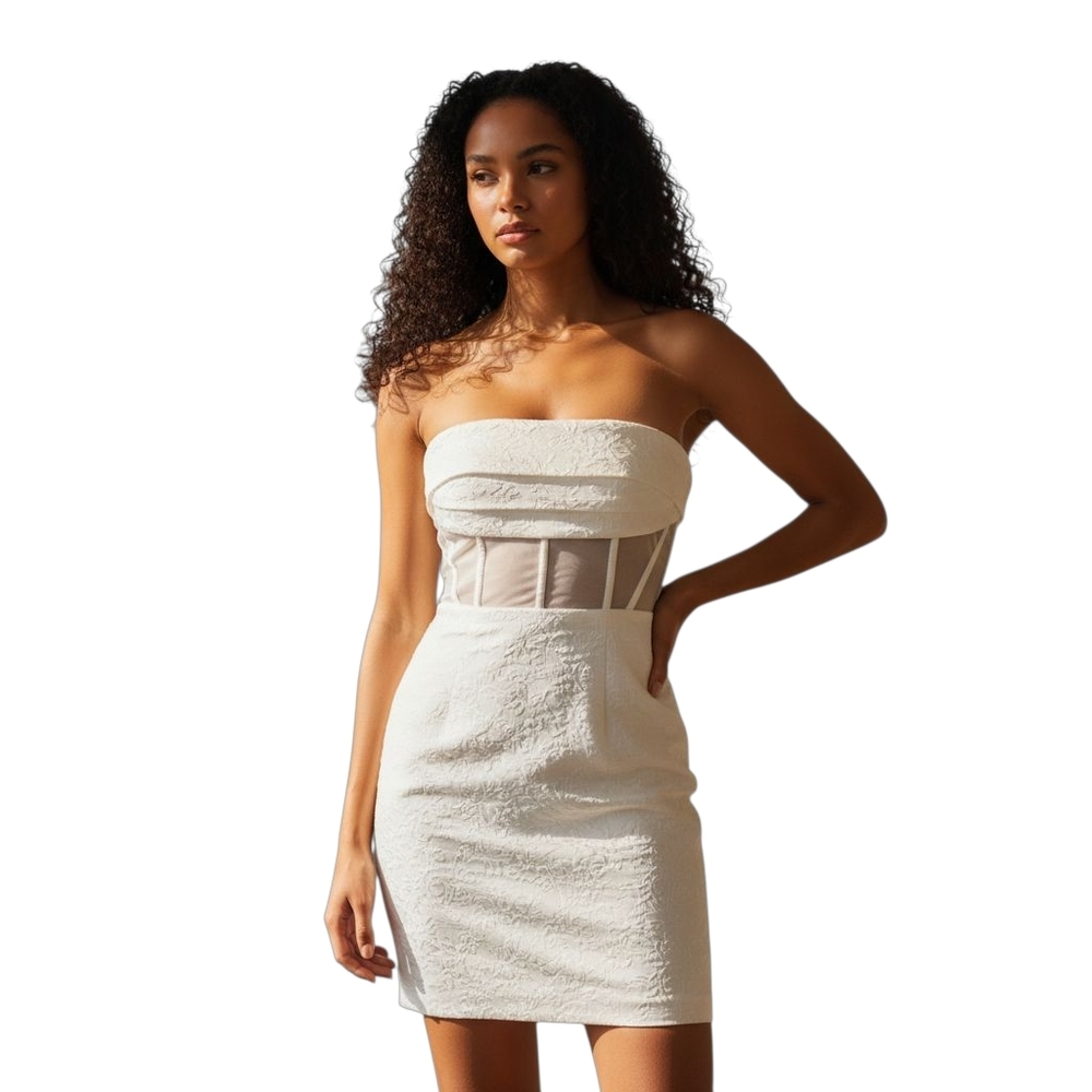 Fashion Nova  white strapless dress w mesh at bodice sz XL.